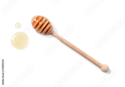 Tasty natural honey and dipper on white background, top view