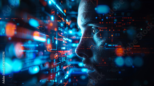 A professional man wearing glasses focuses intently on a digital screen filled with lines of complex code. The concept of cyber security. Generative AI.