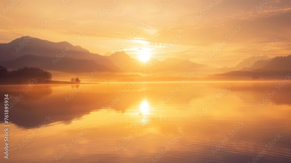 Sunrise Glowing Over Misty Mountain Lake, Soft Focus