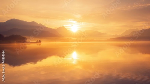 Sunrise Glowing Over Misty Mountain Lake, Soft Focus