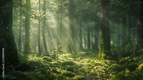 Sunlit Forest with Mist and Greenery