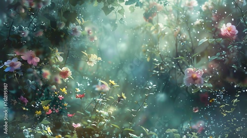 Enchanted Garden with Misty Flowers and Floating Lights © SpiralStone