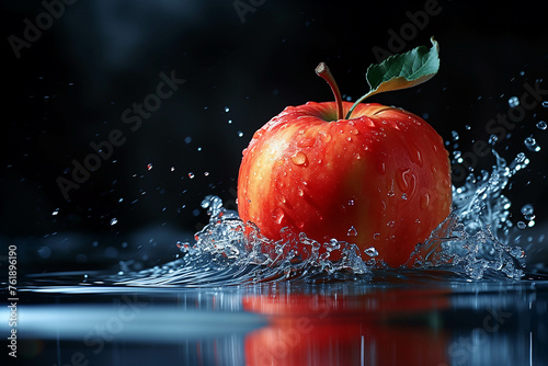 An apple falling on the water caused the water to splash up all around. On a black background.