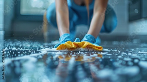 Cropped picture of a woman kneeling and cleaning floor with spray and rag. photo