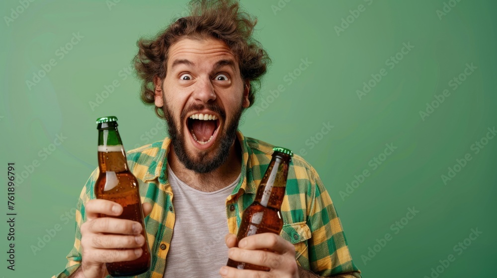 Portrait of cheerful funky young man open mouth hands hold glass beer bottles isolated on green color background,copy space. Portrait of cheerful funky young man open mouth hands hold glass beer bottles isolated on green color background,copy space.