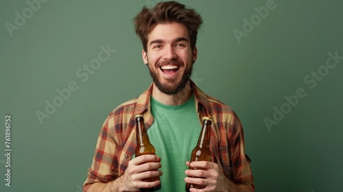Portrait of cheerful funky young man open mouth hands hold glass beer bottles isolated on green color background,copy space.