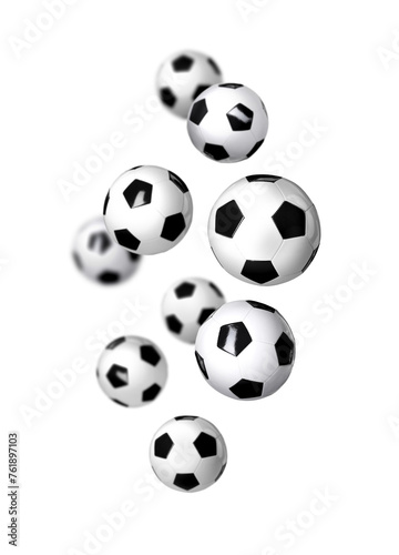 Many soccer balls falling on white background © New Africa