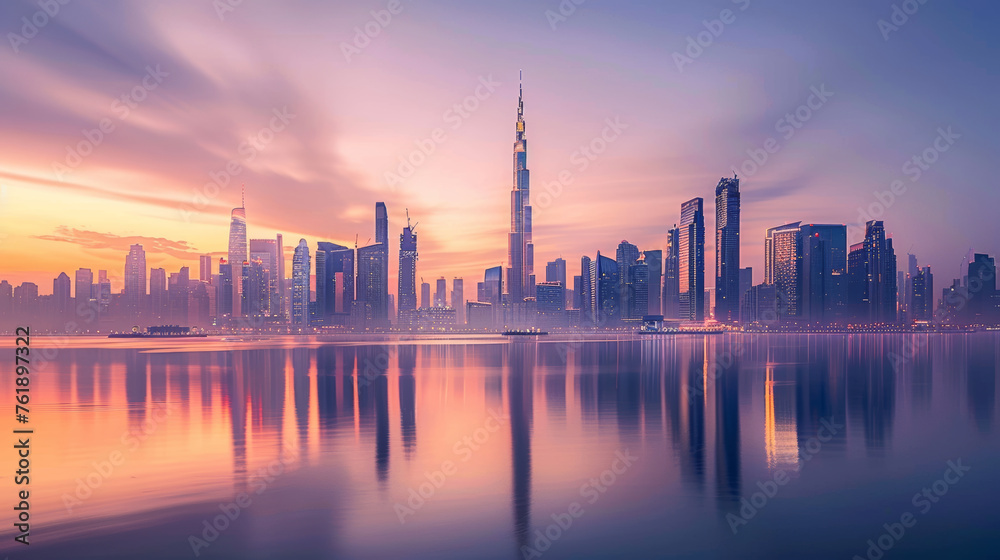 A tranquil cityscape at twilight with Dubai's skyline mirrored on glassy waters. AI Generative.