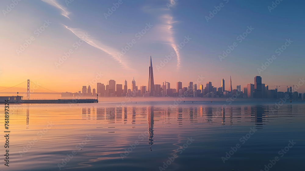 A tranquil dawn reflects a San Francisco skyline in mirror-like waters, exuding early morning peace. AI Generative.