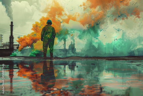 Surreal scene of a worker in protective gear against a backdrop of colorful industrial smoke. AI Generative.