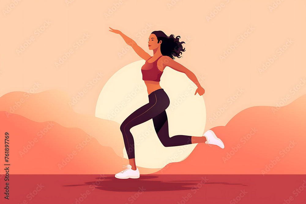 Young woman dancing at sunset. Illustration of joyful dance and freedom concept on warm background.