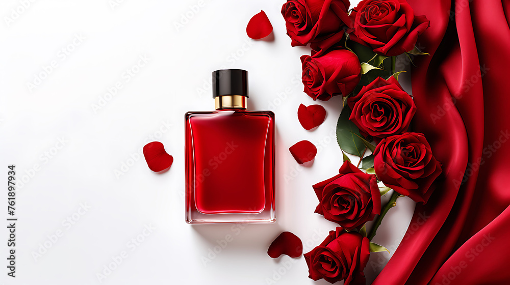 custom made wallpaper toronto digitalRed perfume bottle with roses and silk fabric. Luxury fragrance concept with copy space for design and print.