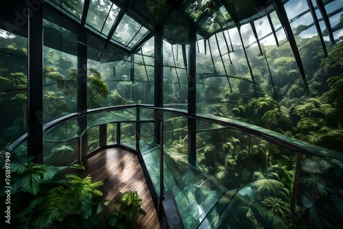 A rainforest canopy seen through a glass observation deck allows visitors to experience the lush foliage and exotic wildlife from a unique vantage point.  photo