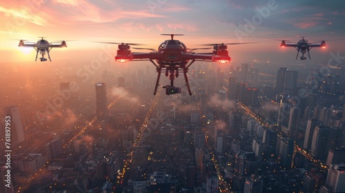 In the fading light of dusk, drones survey a sprawling cityscape veiled in mist, hinting at the intersection of technology and urban life.