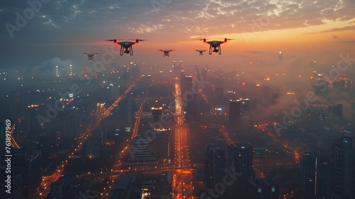 In the fading light of dusk, drones survey a sprawling cityscape veiled in mist, hinting at the intersection of technology and urban life.