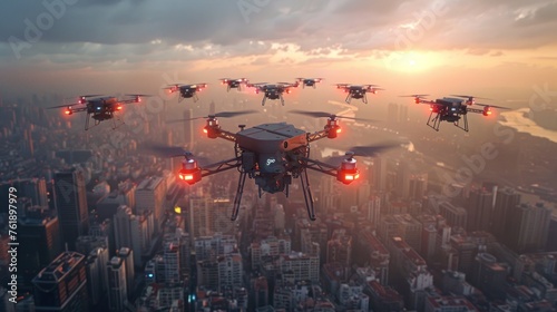 In the fading light of dusk, drones survey a sprawling cityscape veiled in mist, hinting at the intersection of technology and urban life. © Praphan