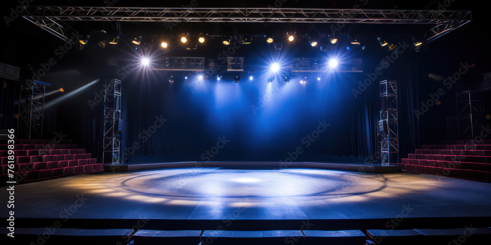 Bright Glow: Captivating Stage Performance with Blue Spotlight and Beautiful Decoration in a Theater Scene