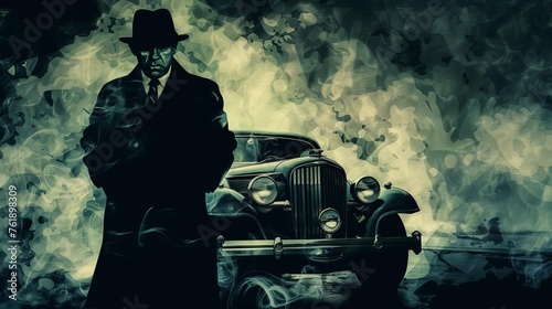 1930s Mafia Boss in Smoky Room, Vintage Car, Film Noir Style Illustration