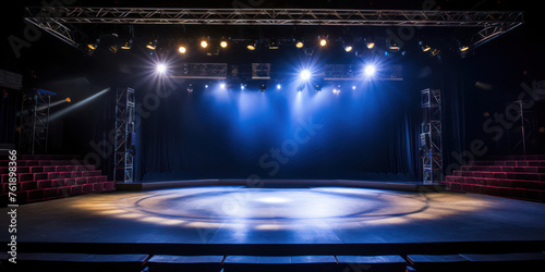 Bright Glow  Captivating Stage Performance with Blue Spotlight and Beautiful Decoration in a Theater Scene