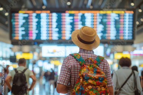 Confused traveler looking at flight information board in a crowded airport terminal, travel trip