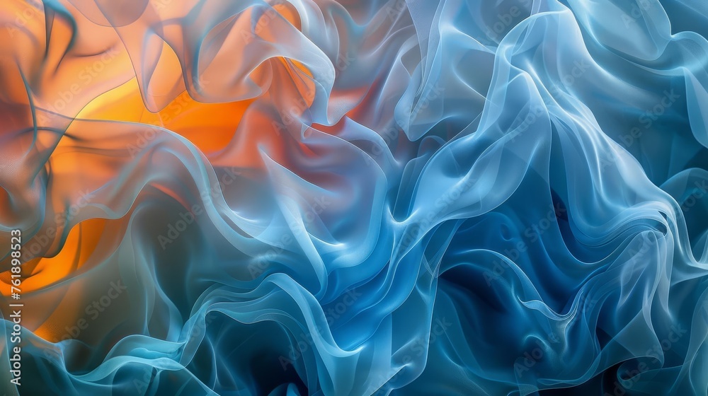 Abstract fluid shapes and forms in blue and orange smoke layers, mystical intangible world exploration - obrazy, fototapety, plakaty 