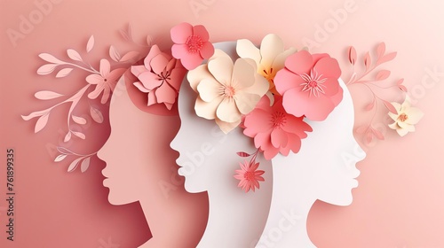 Elegant paper cut illustration of female faces adorned with flowers, minimalist design for Women's Day © Jelena