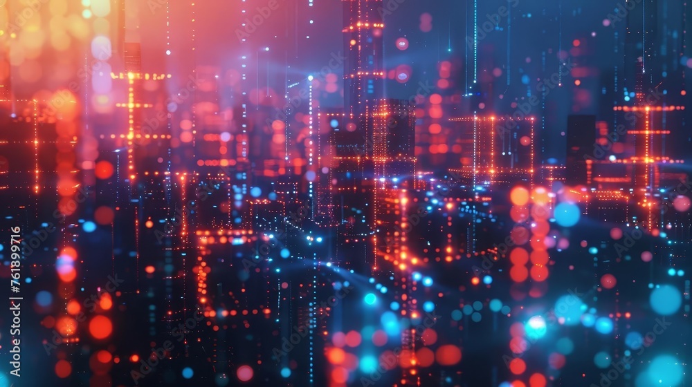 Futuristic cityscape with abstract geometric shapes and luminous network connections, modern 3D illustration Futuristic cityscape with abstract geometric shapes and luminous network connections, modern 3D illustration