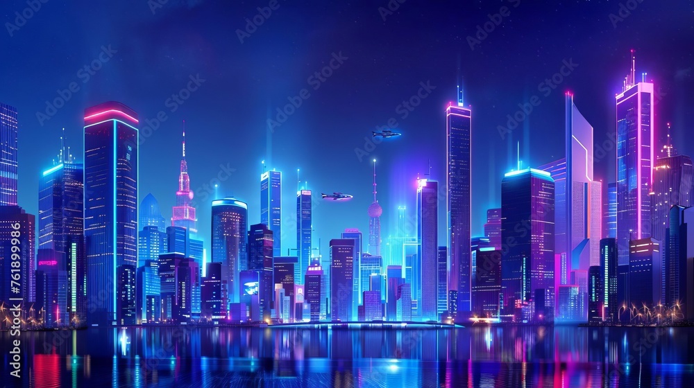 Futuristic neon cityscape at night with flying cars and towering skyscrapers