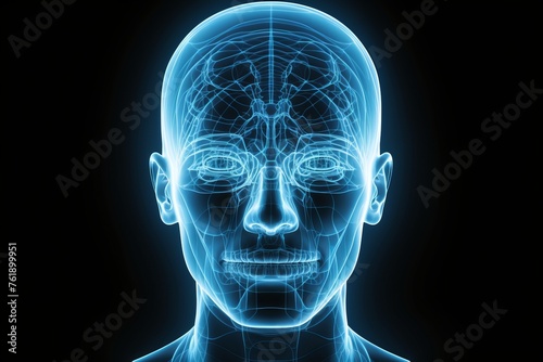 Artistic unreal depiction of human head with blue glow, stylized as x-ray image, front view