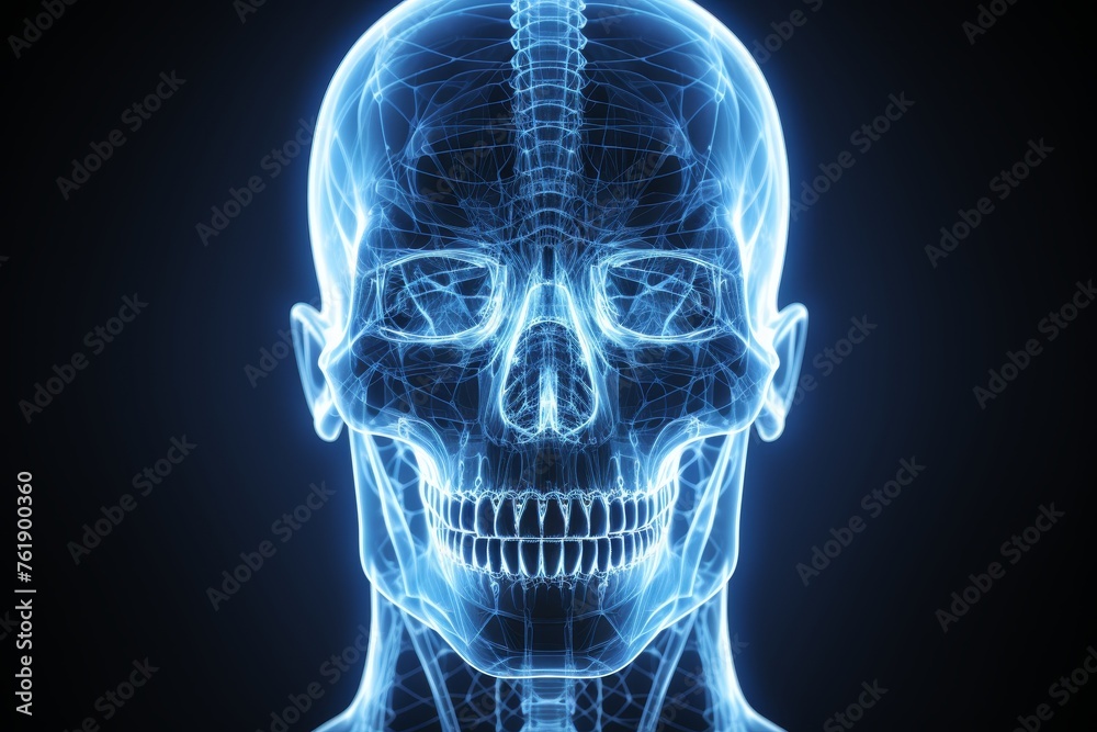 Artistic unreal depiction of human head with blue glow, stylized as x-ray image, front view Artistic unreal depiction of human head with blue glow, stylized as x-ray image, front view