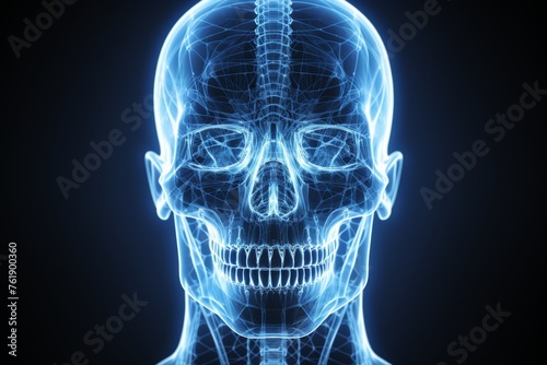 Artistic unreal depiction of human head with blue glow, stylized as x-ray image, front view