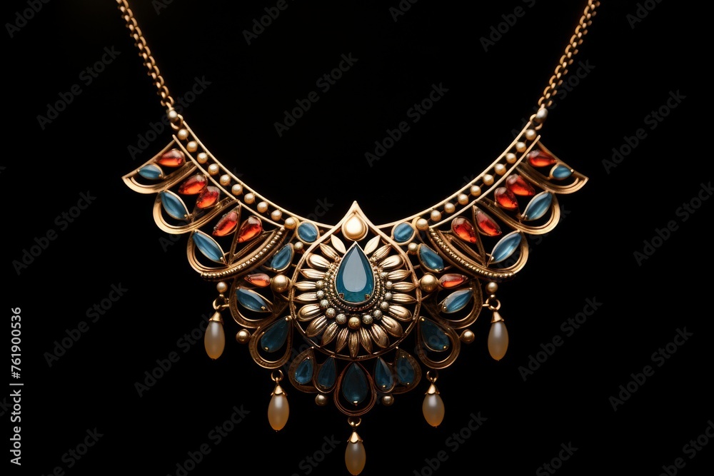 Gold Necklace With Red and Blue Stones Gold Necklace With Red and Blue Stones