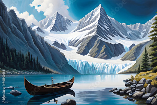beautiful landscape watercolor painting of a canoe on a reflective lake high in the snowy rocky mountains on a cold, brisk, bright winter day © EliasKelly