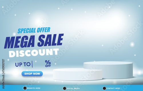 special offer mega sale dscount template banner with blank space 3d podium for product sale with abstract gradient blue and white background design1
