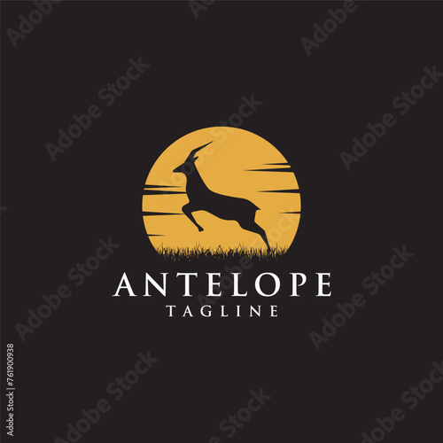 Jumping antelope at the moon light logo illustration vector template on black background