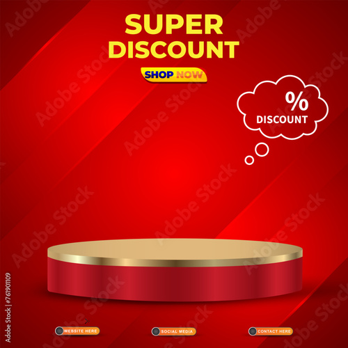 super discount sale template banner with blank space 3d podium for product sale with abstract gradient red background design