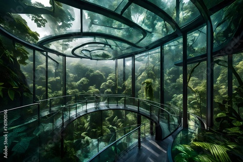 A rainforest canopy seen through a glass observation deck allows visitors to experience the lush foliage and exotic wildlife from a unique vantage point. 