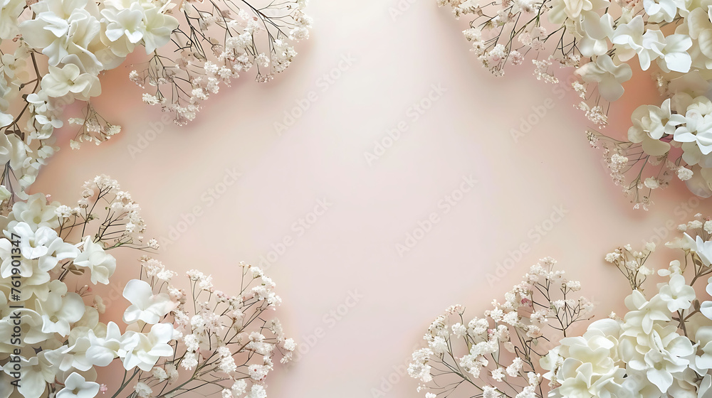 White hydrangea flowers frame on a pink background with copy space. Flat lay composition for springtime holidays design and print. White hydrangea flowers frame on a pink background with copy space. Flat lay composition for springtime holidays design and print.