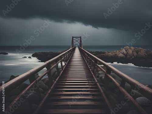 a vertical shot of a wooden bridge on a gloomy day