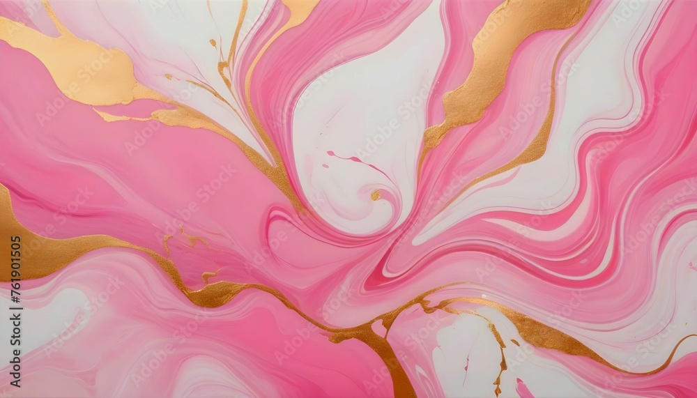 Abstract marble marbled stone ink liquid fluid painted painting texture luxury background banner - Pink petals, blossom flower swirls gold painted lines created with generative ai