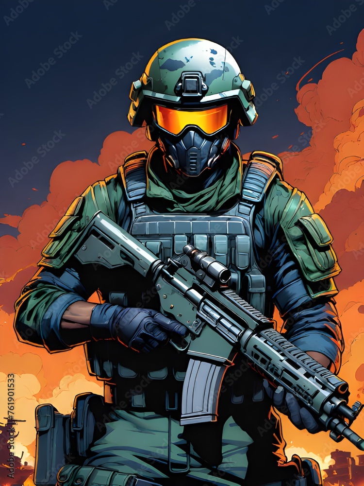 soldier in action with machine gun soldier in action with machine gun