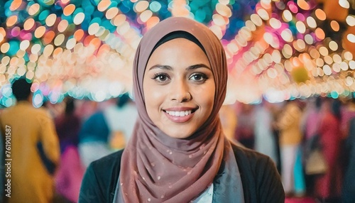A hijab woman with an excited expression, eyes wide, in a candid pose against a colorful festival