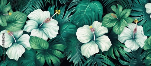 Exotic green pattern with Monstera leaves and hibiscus flowers in a summer design.