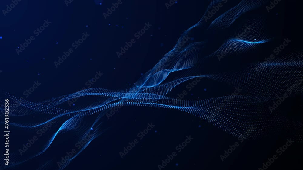 Abstract blue wave form animated loop with blue light digital effect on black background. Network communication wave signal technology futuristic concept. 