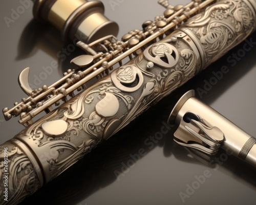 Focus on the intricate details of the clarinet keys and intricate engravings photo