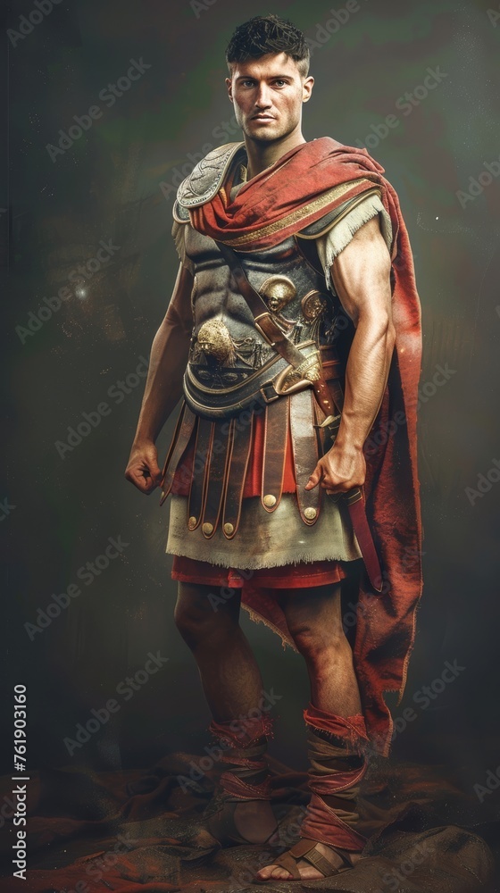 Fototapeta premium Create a super realistic portrait of a Roman warrior standing confidently