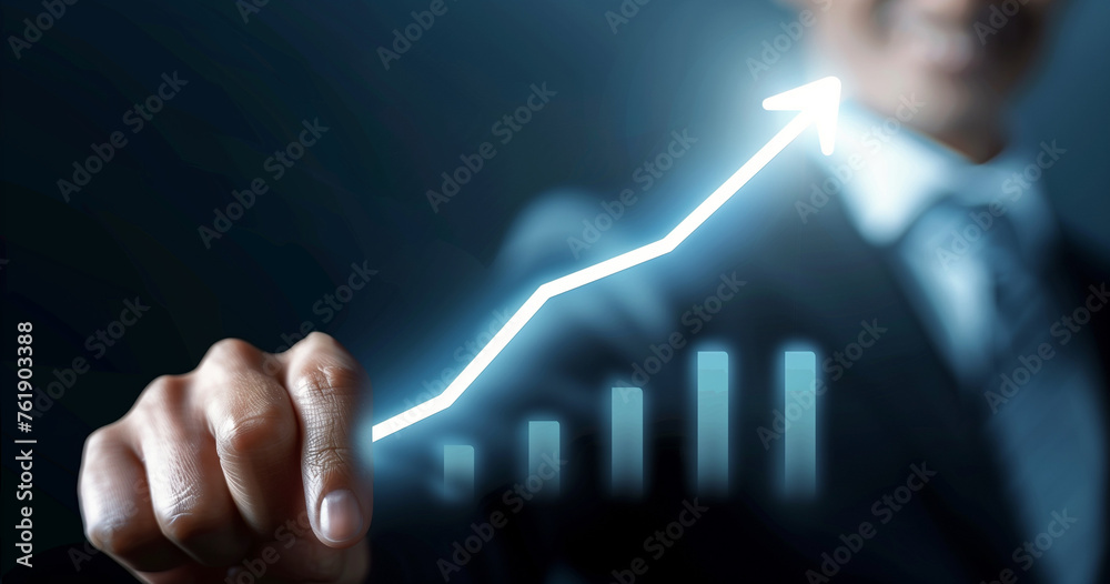 Businessman Interacting with Glowing Growth Arrow on Virtual Screen. Development and growth concept. Businessman Interacting with Glowing Growth Arrow on Virtual Screen. Development and growth concept.