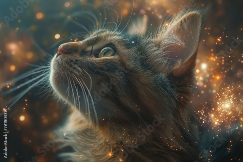 enchanted cute cat gazing at magical particules