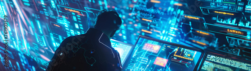 Cyberpunk wizard navigating a neon pastel datascape magical codes weaving through digital realms © Sirisook
