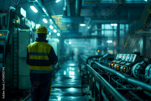 Refinery worker man checking gasoline supply and walking in gas pipes factory. photo